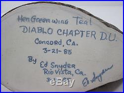 2 Duck Decoys Ed Snyder Signed 1985 Drake Hen Green Wing Teal Vtg Painted Wood