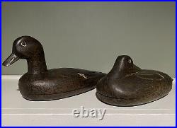 Antique Carved Wood Black Duck Pair Preening Sleeping Swimming Decoy Glass Eyes