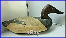 Antique Hand Painted Wood Duck Decoy with Glass Eyes & Metal Hook