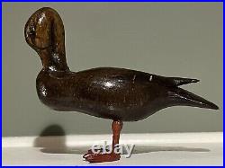 Antique Miniature Carved Wood Standing Breast Preening Black Duck Decoy