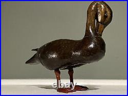 Antique Miniature Carved Wood Standing Breast Preening Black Duck Decoy