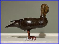 Antique Miniature Carved Wood Standing Breast Preening Black Duck Decoy