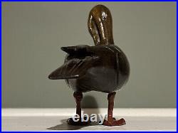 Antique Miniature Carved Wood Standing Breast Preening Black Duck Decoy