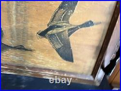 Antique RARE Wood Duck Geese Plaque with Metal Double Barrel Shotguns & Shells