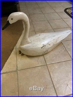 Antique Vintage Huge 1900s Signed White Wooden Swan Decoy F&S
