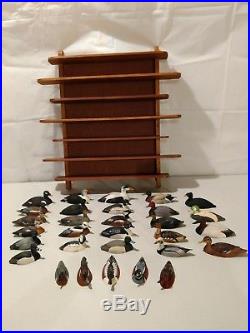 Collection of 30 Signed Hand Carved Painted Wooden Duck Decoys on Display Shelf
