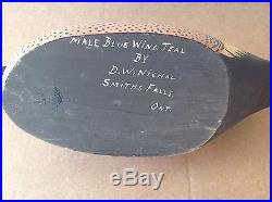 D. W. DAVEY NICHOL Male Blue Wing Teal Wood Duck Decoy Smiths Falls Ontario Rare