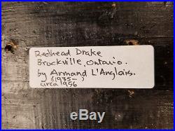 Excellent Redhead Drake Decoy Armond L' Anglais Brockville Ontario Circa 1956