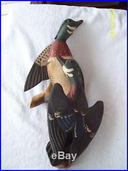 Flying Duck Wall Wood Carving, Duck Decoy Signed By Casey Edwards
