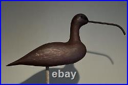 Large Antique Wood Long-Billed Curlew Shorebird Decoy Glass Eyes iron bill 18 L