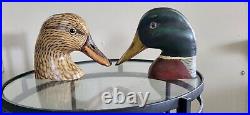 M H Gould Wood Carving Pair of Mallard Duck Heads, Vintage, Beautiful! Rare