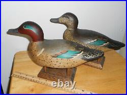 Mason-like carved pair of Teal Duck Decoys, solid balsa wood