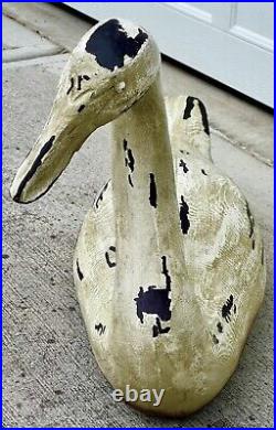 Oversized Decorative 27.5 Swan Decoy, Distressed Off-White Wood, Hollow, 9lbs+