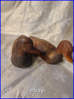 Pair of Vintage Hand-Carved Wooden Duck Decoys Folk Art Carvings signed