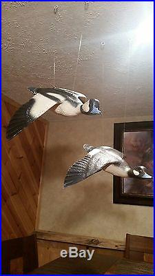 Pair of flying buffleheads, handcarved duck decoy, Casey Edwards