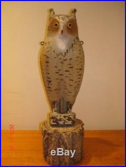 RARE 1940 HERTER'S Minnesota Great Horned Owl Balsa Wood Carved Decoy & Stand