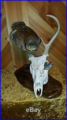 Screech owl carving, duck decoy, whitetail antler, hunting collectible by Casey