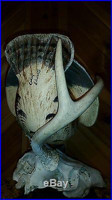 Screech owl carving, duck decoy, whitetail antler, hunting collectible by Casey