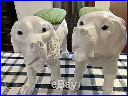 Super Pair Of Large Vintage Hand Carved Painted Dogs With Fabric Platforms