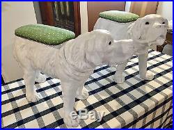 Super Pair Of Large Vintage Hand Carved Painted Dogs With Fabric Platforms