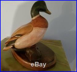 Tom Taber Artist Signed Carved Wood Mallard Duck Decoy On Stand