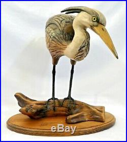 Tom Taber John Fairfield SIGNED, Carved GREAT HERON on Driftwood with Stand