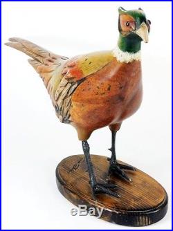 Tom Taber Wood Carved Ringneck Pheasant Signed Early Decoy Sculpture Statue