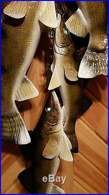Trophy walleye stringer, duck decoy, carved fish by Casey Edwards