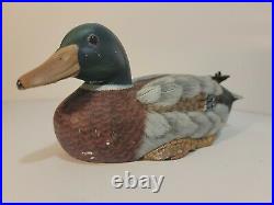 Unsigned Drake Mallard Duck Decoy, Carved Wood 10 Detailed Tailfeathers Vintage