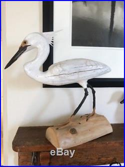 VIntage SIgned Hand Carved Wooden Wood Heron Duck Decoy on drift wood 18
