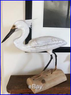 VIntage SIgned Hand Carved Wooden Wood Heron Duck Decoy on drift wood 18