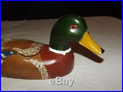 Vintage 1950-60s Decoy Hand Carved & Painted Glass Eye Wood Mallard Duck