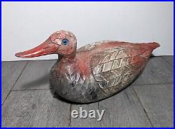 Vintage/Antique Hand Painted Wood Red Duck Decoy Oliver Wisconsin Signed Plesko