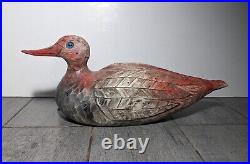 Vintage/Antique Hand Painted Wood Red Duck Decoy Oliver Wisconsin Signed Plesko