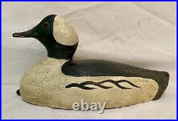 Vintage Bufflehead Duck Decoy, Glass Eyes, Hollow, Wood, Leather Tie Loop