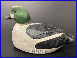 Vintage Carved Wood Goldeneye Duck Decoy Pair, Glass Eyes, Carved Wing Relief