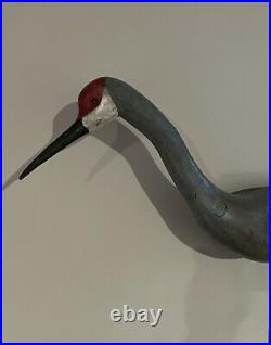 Vintage Carved Wood Sandhill Crane Heron Shorebird Duck Decoy Hardwood Stand 26