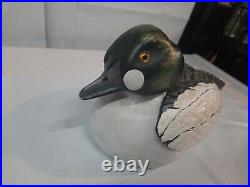 Vintage Duck Decoy Green Blue White Wood Glass Eyes Signed 1984 T. White