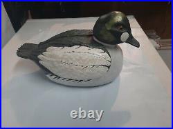 Vintage Duck Decoy Green Blue White Wood Glass Eyes Signed 1984 T. White