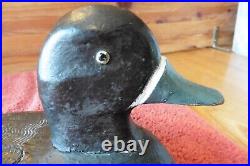 Vintage Hand Carved Wooden Duck decoy Black White Metal Tack Eyes Ringneck Drake