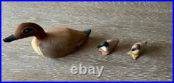 Vintage Hardy Davidson Duck Decoy Hand Carved With 2 Small Ducks Green Wing Teal