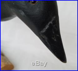 Vintage Large Carved Wooden Folk Art Crow Decoy with Glass Eyes