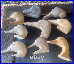 Vintage Maine 9 Duck Decoy Heads Wood Hand Carved Rustic