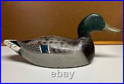 Vintage Mallard Duck Decoy Painted Wood Carved Unsigned Lead Weighted Glass Eyes