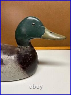 Vintage Mallard Duck Decoy Painted Wood Carved Unsigned Lead Weighted Glass Eyes