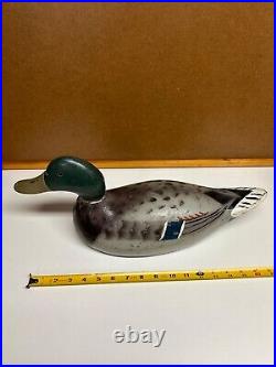 Vintage Mallard Duck Decoy Painted Wood Carved Unsigned Lead Weighted Glass Eyes