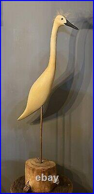 Vintage Thomas Langan Carved Wood Snowy Egret Shorebird Duck Decoy Large 53H