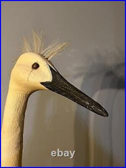 Vintage Thomas Langan Carved Wood Snowy Egret Shorebird Duck Decoy Large 53H