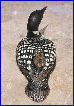 Vintage Wood Carved Loon with Chick Decoy Glass Eyes No 20 Kelly Seibels 1991