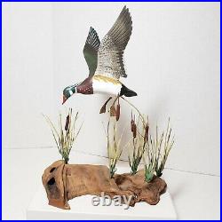 Vintage Wood Duck Drake On Driftwood Hand Carved Painted Sculpture Signed